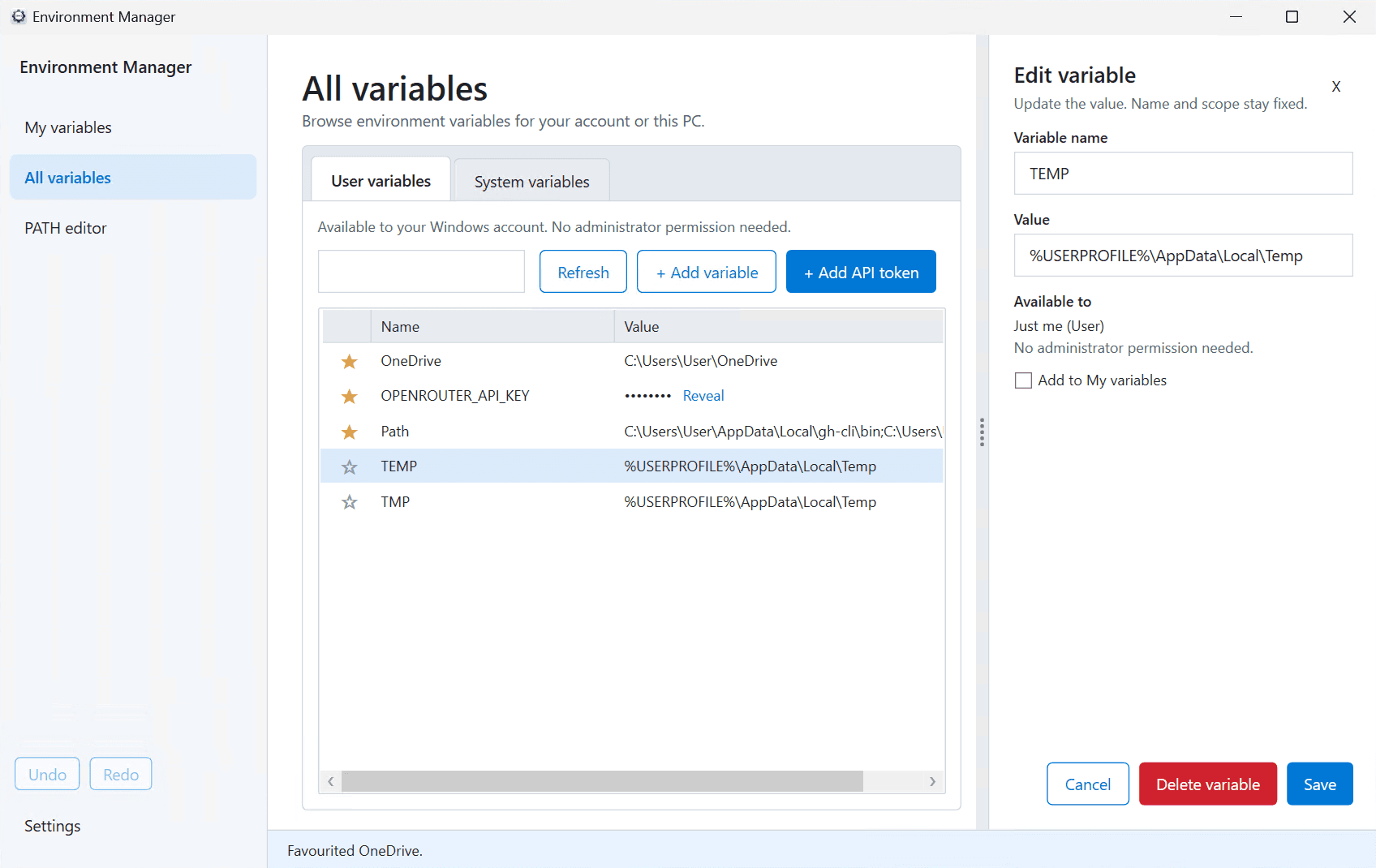 Environment Manager All variables page in light theme, with TEMP selected on the User variables tab and the Edit variable pane open.