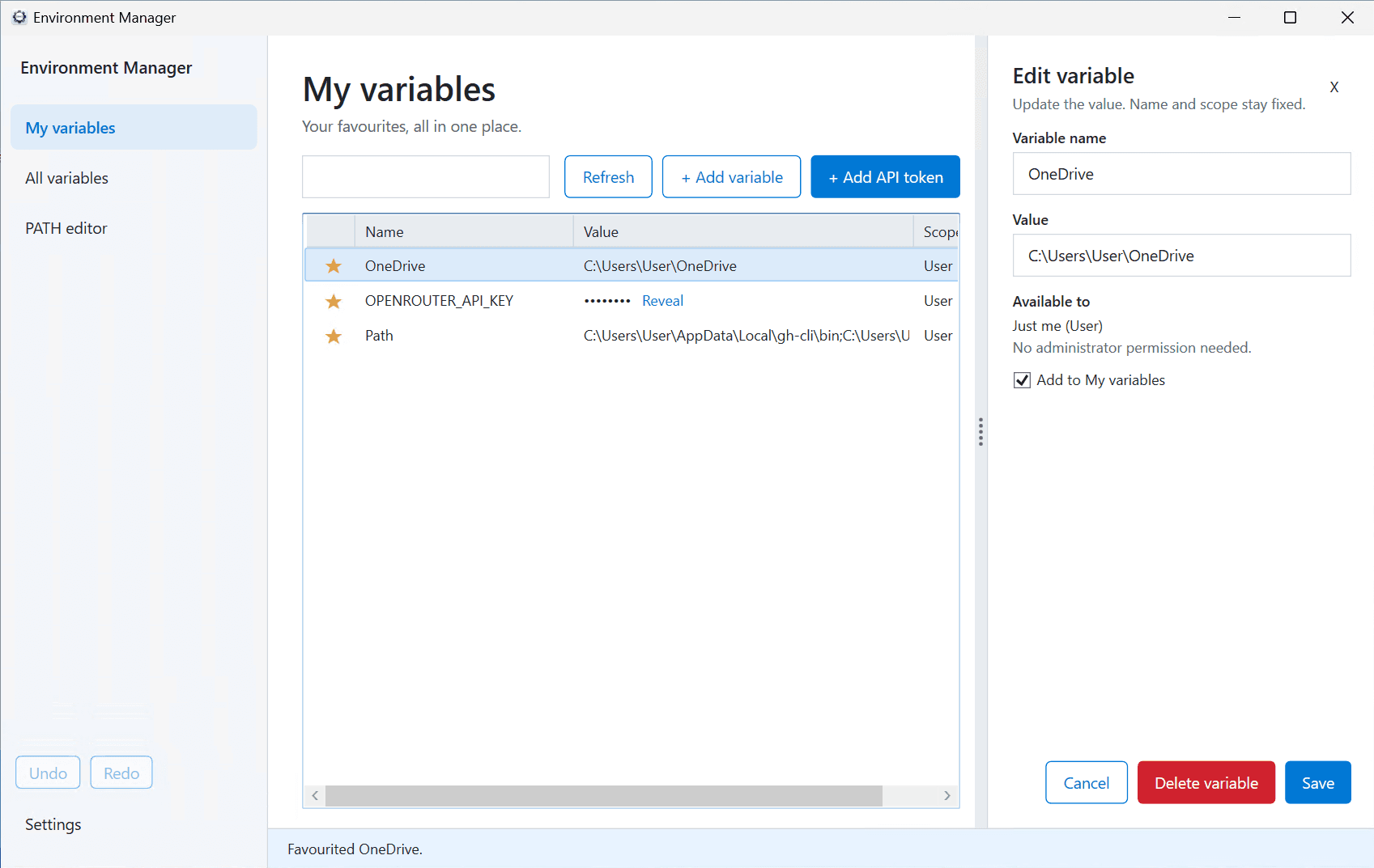 Environment Manager My variables page in light theme, with OneDrive selected and the Edit variable pane open on the right.