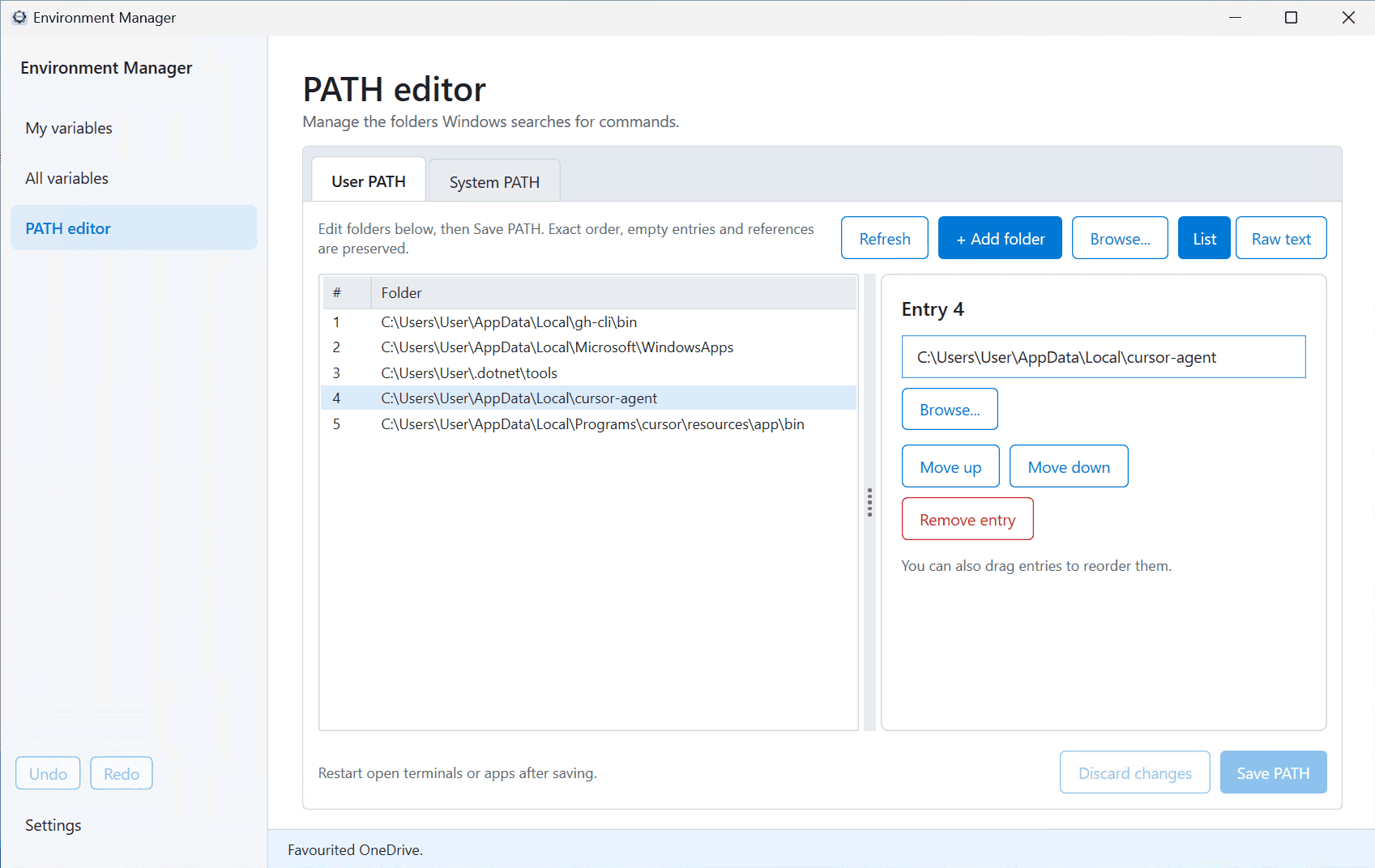 Environment Manager PATH editor in light theme, showing the User PATH folder list with an entry selected and its detail pane open.