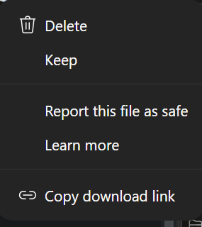 Microsoft Edge download actions menu with Keep shown below Delete.