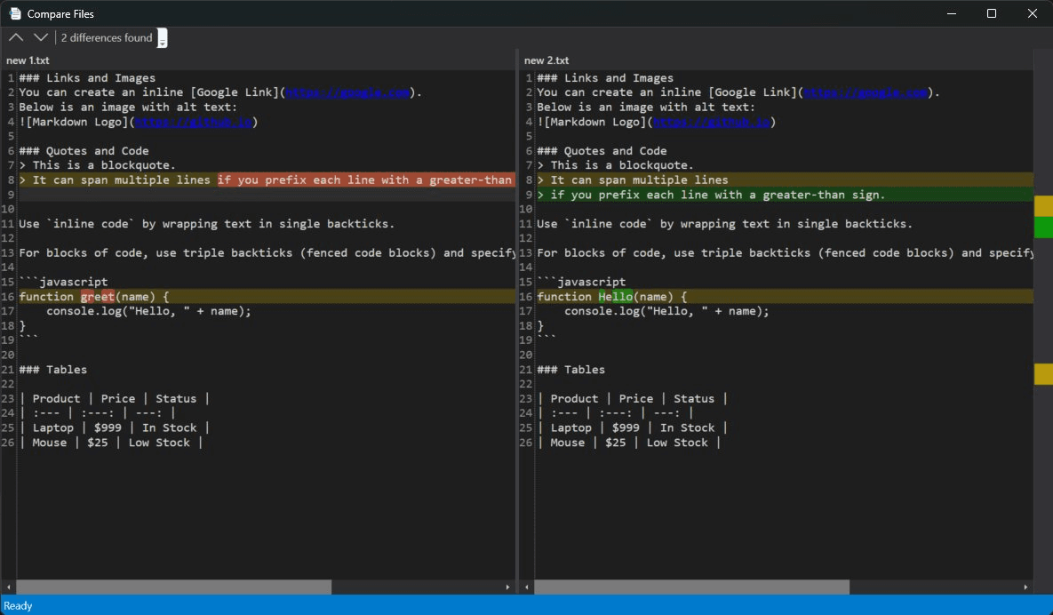 Notepad++ Clone Compare Files window in dark mode showing two documents with red, green and yellow difference highlights.