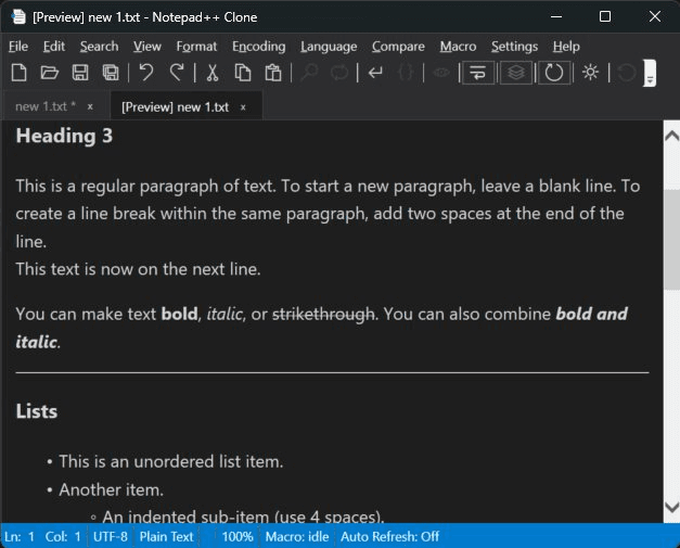 Notepad++ Clone in dark mode showing a Markdown preview tab with headings, formatted text and lists.