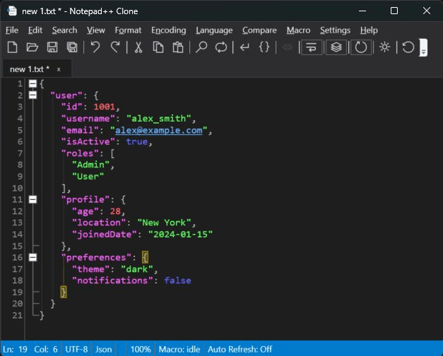 Notepad++ Clone in dark mode showing pretty-printed sample JSON with coloured keys, folding marks and matched braces.