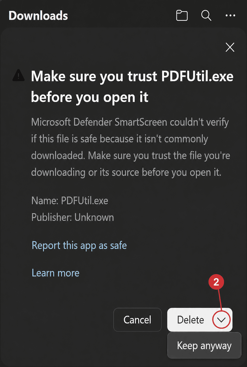 Microsoft Edge SmartScreen panel stating the publisher is unknown, with Keep anyway selected under the Delete button.