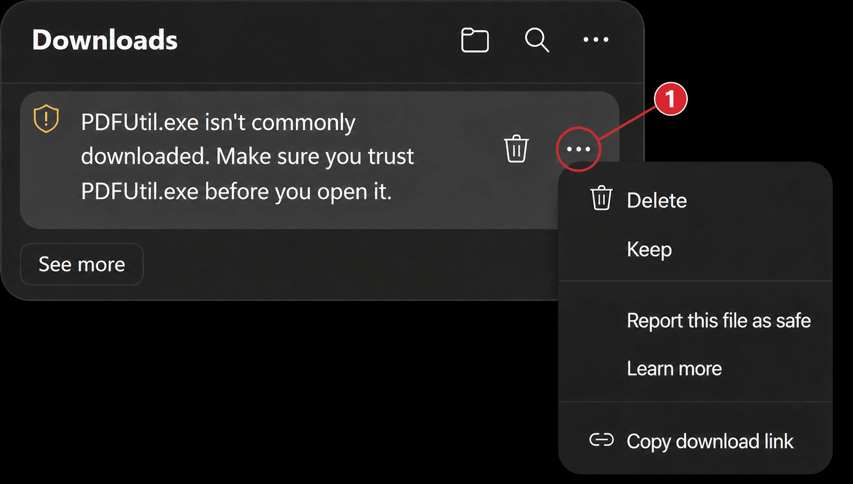 Microsoft Edge Downloads menu warning that PDFUtil.exe is not commonly downloaded, with Keep selected in the overflow menu.