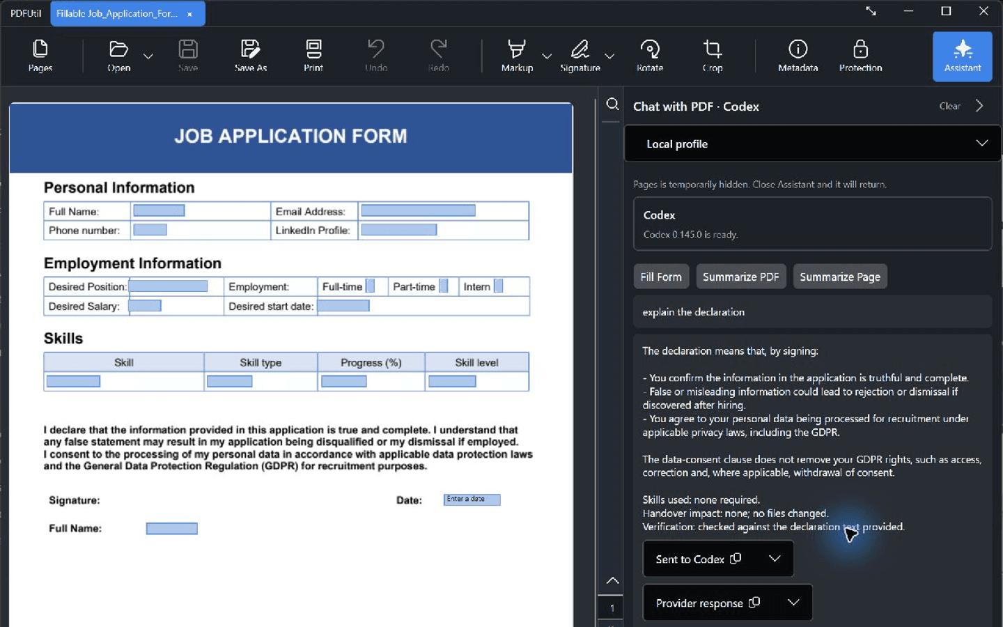 PDFUtil in dark mode showing a live Codex chat, the Fill Form button and an explanation of a fictional application declaration.