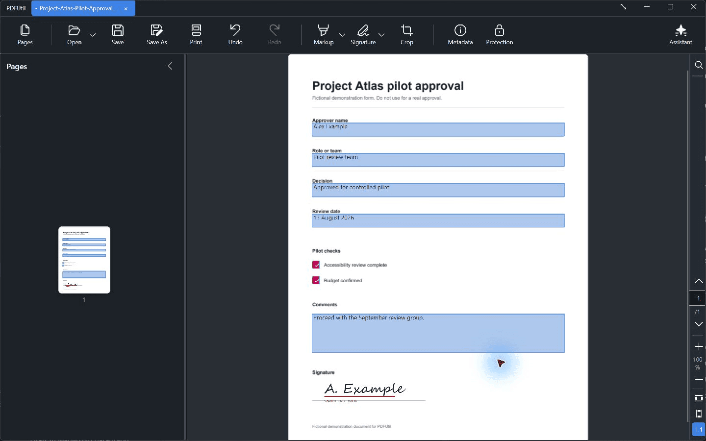 PDFUtil in dark mode showing a completed fictional approval form with a sample signature marked not valid.