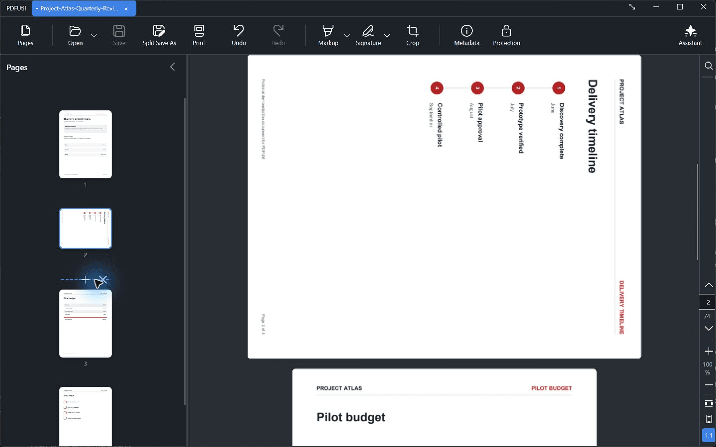 PDFUtil in dark mode showing a selected and rotated page with a split boundary in the Pages panel.