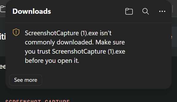 Microsoft Edge Downloads panel stating that ScreenshotCapture (1).exe is not commonly downloaded, with a See more button.