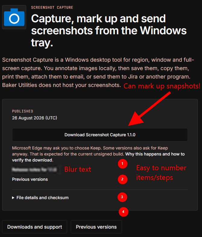 Screenshot Capture markup on the product page, with a red arrow labelled Can mark up snapshots, blurred text, and numbered red markers 1 to 4.
